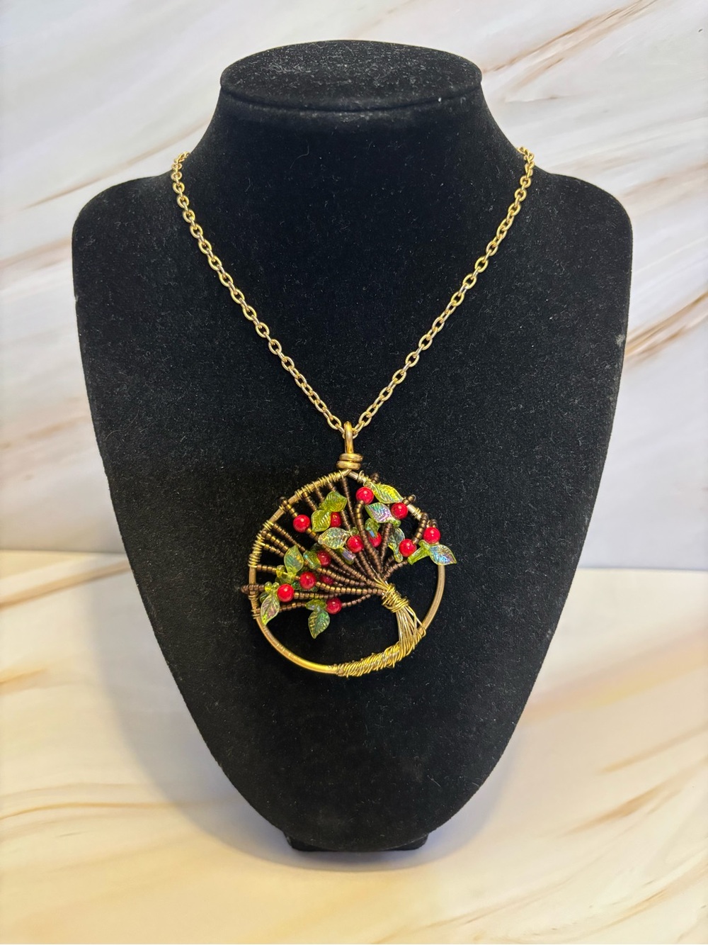 Vintage Gold Wire Wrapped Beaded Tree of Hope Necklace 16”